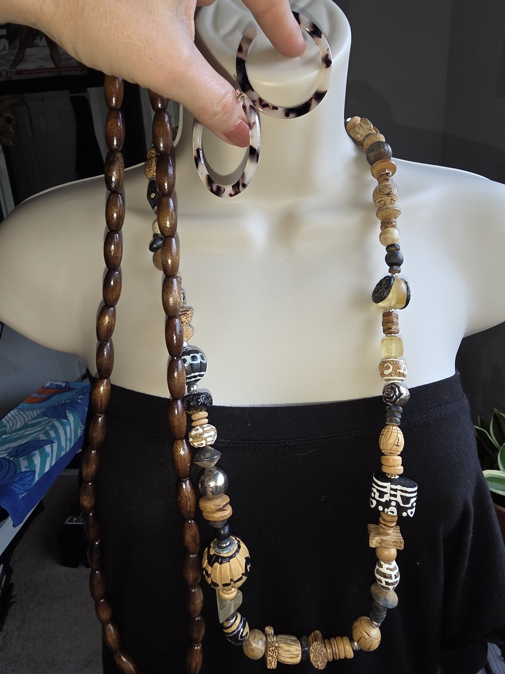 Boho Wood Bead Necklaces & Hoop Earrings Set